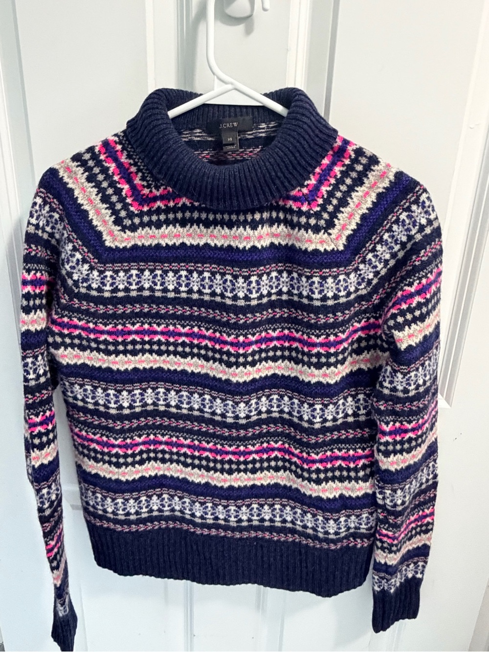 J. Crew Navy Fair Isle Wool Turtleneck Sweater with Pink and Cream Accents